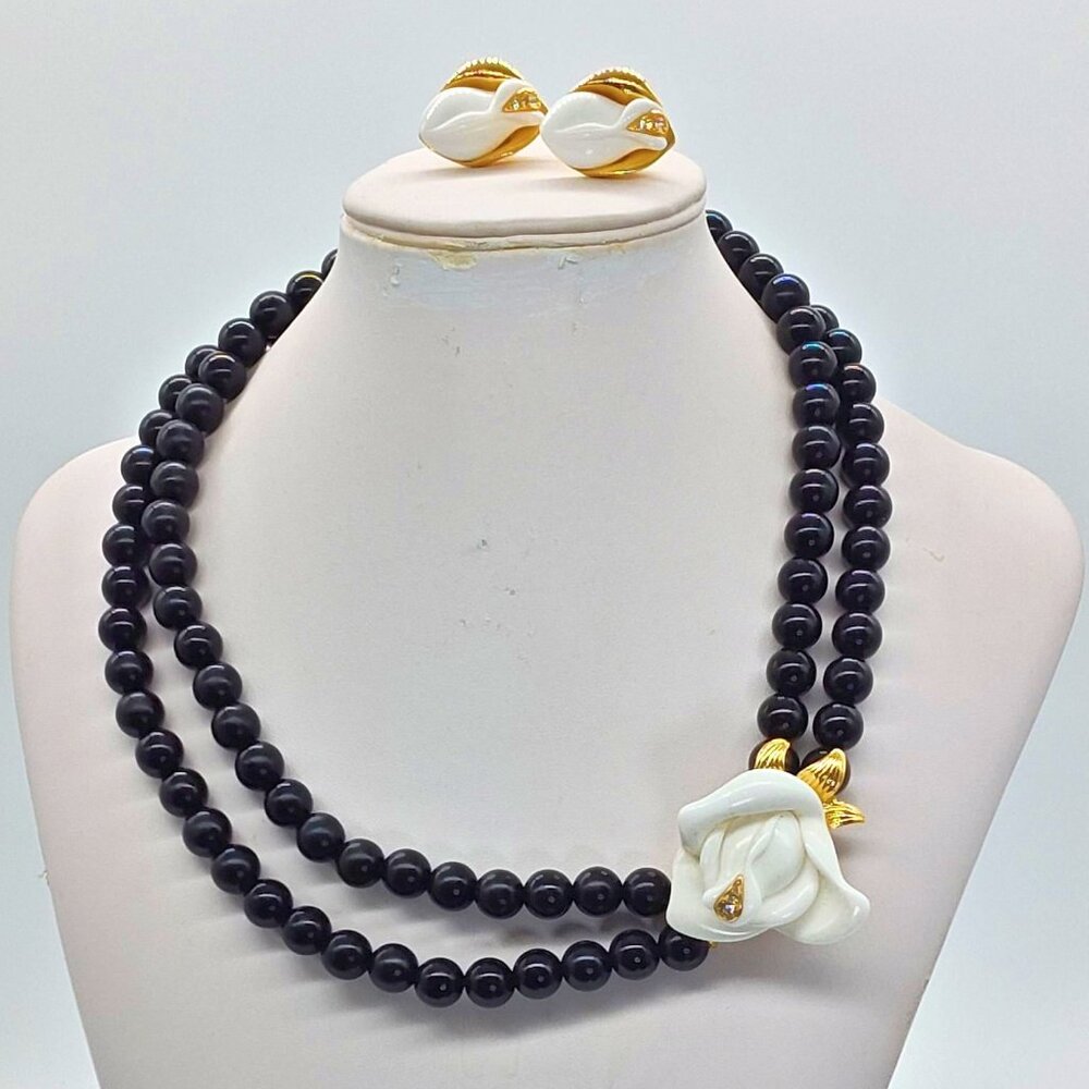 Vintage 80s Kenneth Jay Lane for Avon Midnight Rose Necklace & Pierced Earrings